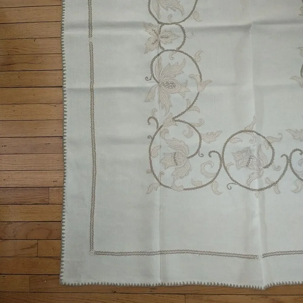 Vtg Large Tablecloth Floral Hand Embroidered White Tan Neutral Rectangle 51x66